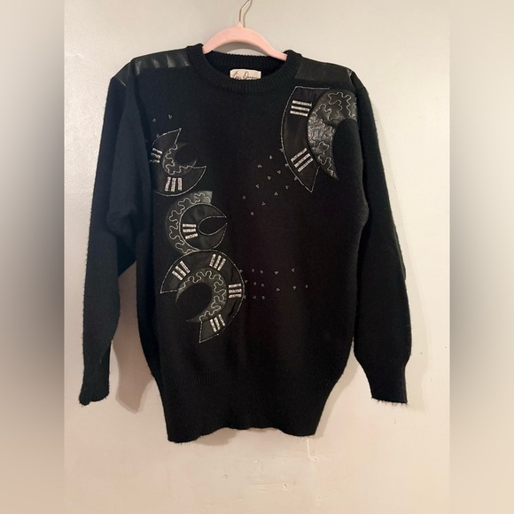 Eddie Dassin| VTG Abstract Black Sweater with cowhide leather. - Picture 3 of 4